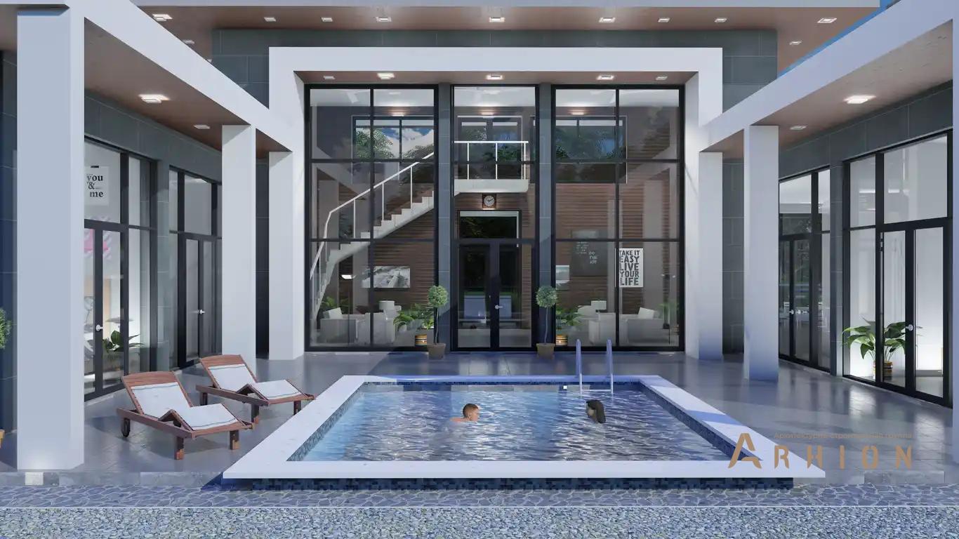 6. Проект двухэтажного дома в стиле хай-тек с плоской кровлей , h-1614, площадью - 545 кв c терассой, балконом, гаражом